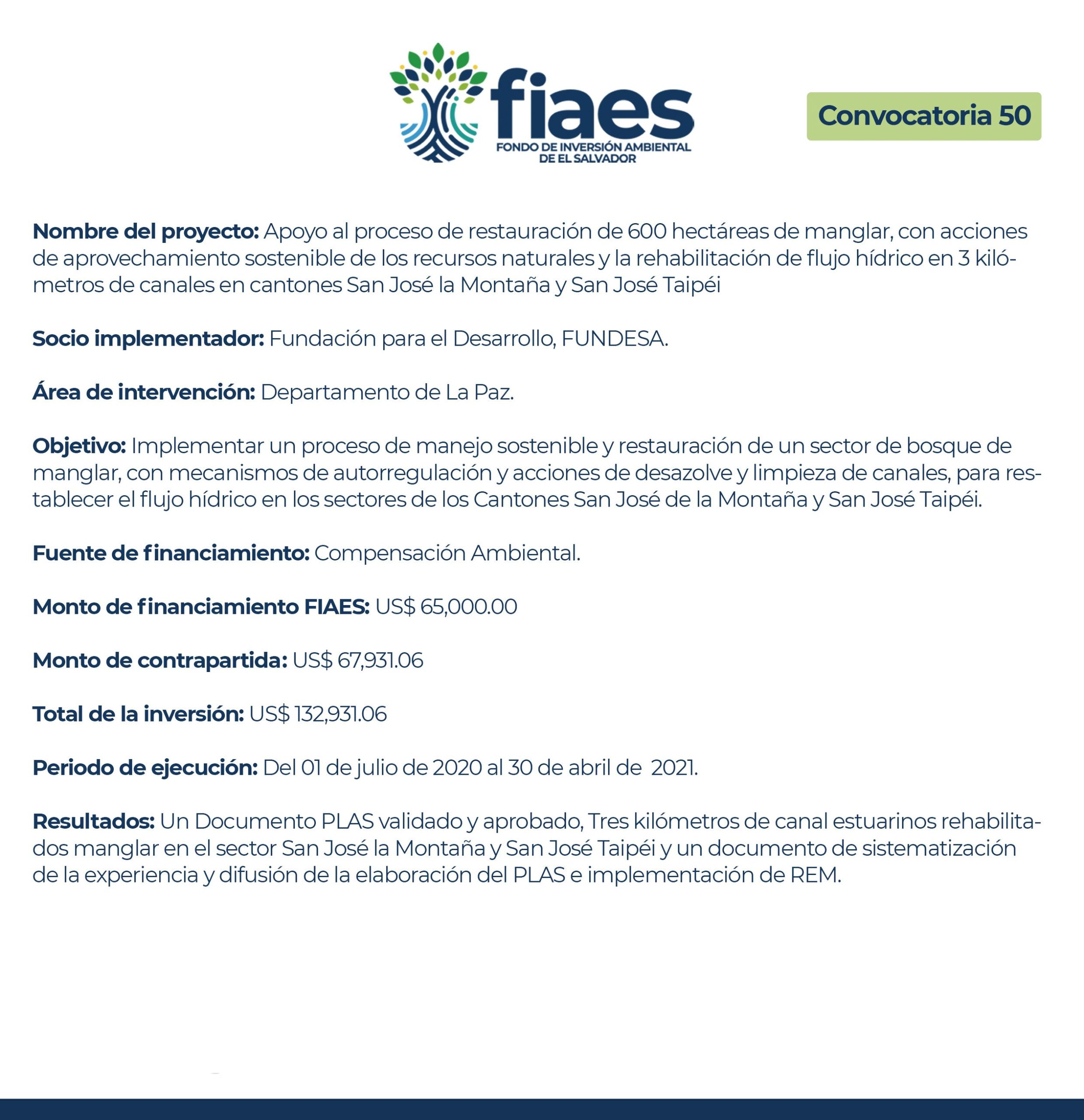 Apoyo al proceso de restauración de 600 hectáreas de manglar, con acciones de aprovechamiento sostenible de los recursos naturales y la rehabilitación de flujo hídrico en 3 kilómetros de canales en cantones San José la Montaña y San José Taipéi.